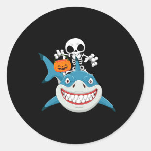 Grappig Skeleton Riding Shark Jack O'lantern Pumpk Ronde Sticker