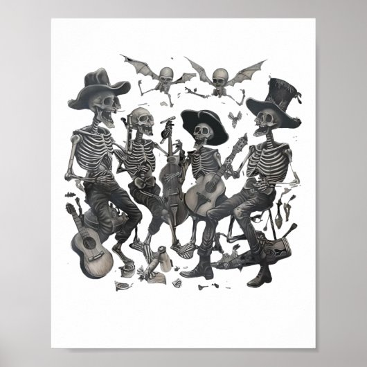 Grappig Skeleton Skull Dancing Singing Rock Music  Poster (Voorkant)