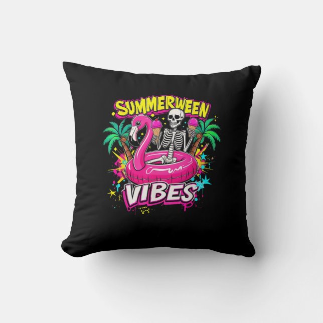 Grappig Skeleton Summerween Vibes Flamingo Pool Ic Kussen (Voorkant)