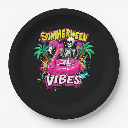 Grappig Skeleton Summerween Vibes Flamingo Pool Ic Papieren Bordje (Voorkant)