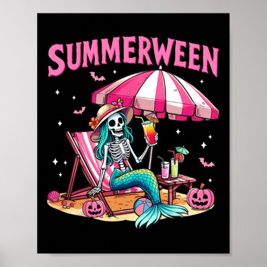 Grappig Skeleton Summerween Zeemeermin Beach Hallo Poster (Voorkant)