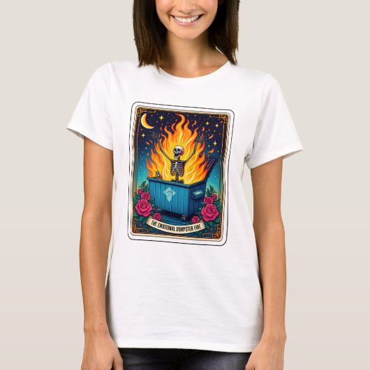 Grappig Skeleton Tarot Emotionele Dumpster Fire T-shirt (Voorkant)
