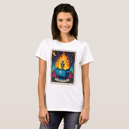 Grappig Skeleton Tarot Emotionele Dumpster Fire T-shirt (Voorkant volledig)