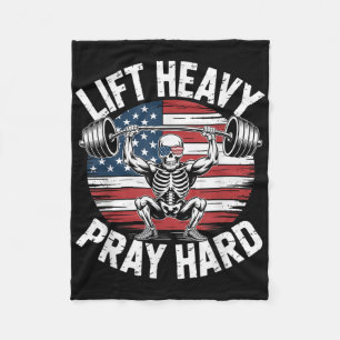 Grappig Skeleton US Vlag Lift Heavy Pray Hard Gym Fleece Deken