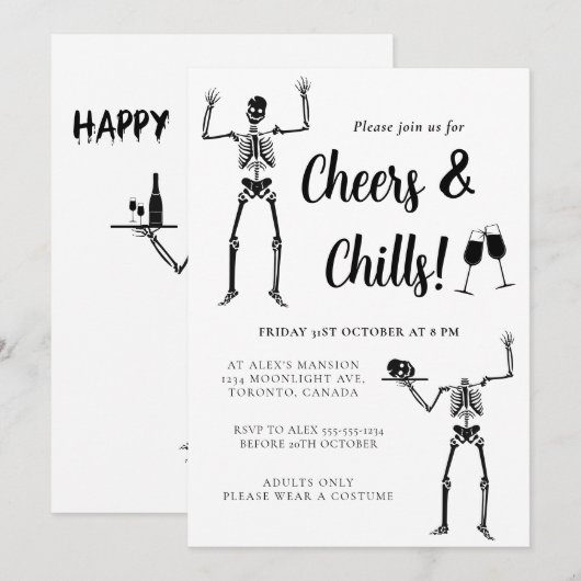 Grappig Skeleton Zwart & Wit Halloween Party Kaart (Voorkant / Achterkant)