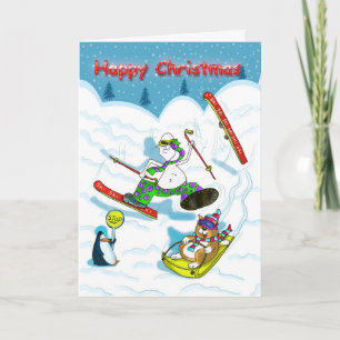 Grappig skiën kerstkaart, dikke kat & Duncan Feestdagen Kaart
