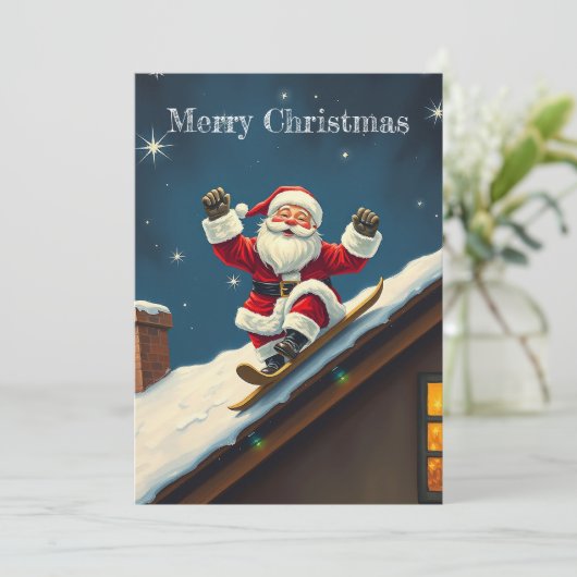 Grappig Skiën Rood Vrolijk Kerstman Feestdagenkaart (Staand voorkant)