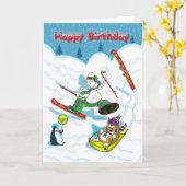 Grappig skiën Verjaardagskaart, dikke kat & Duncan Kaart (Gele Bloem)