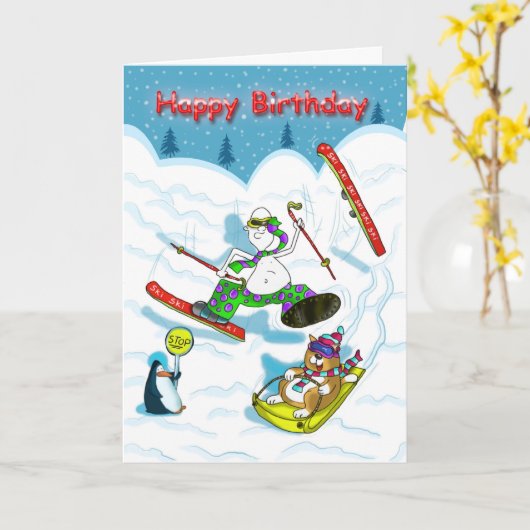 Grappig skiën Verjaardagskaart, dikke kat & Duncan Kaart (Gele Bloem)