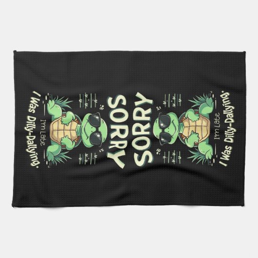 Grappig Sorry dat ik laat schildpad met retro esth Theedoek (Horizontaal)