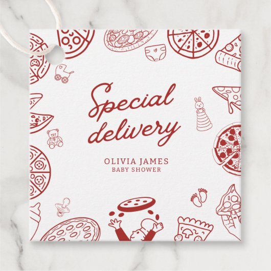 Grappig speciaal bezorging pizza baby shower bedankjes labels (Voorkant)