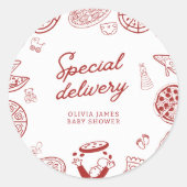 Grappig speciaal bezorging pizza baby shower ronde sticker (Voorkant)