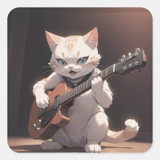 Grappig spelen gitaar kat kunst vierkante sticker (Voorkant)