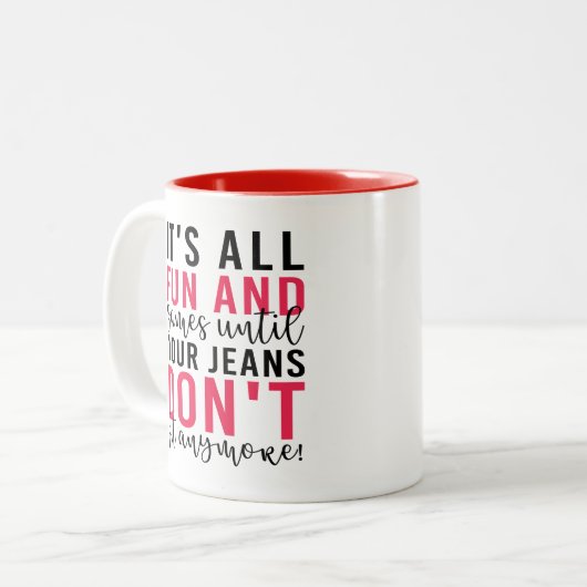 Grappig, spelletjes totdat je jeans niet meer past tweekleurige koffiemok (Voorkant links)