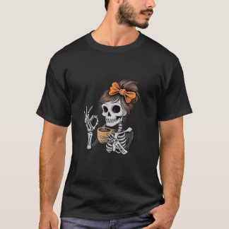 Grappig Spooky Seizoen Skeleton Messy Bun Koffie L T-shirt