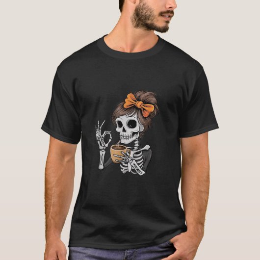 Grappig Spooky Seizoen Skeleton Messy Bun Koffie L T-shirt (Voorkant)