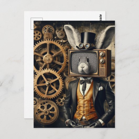 Grappig Steampunk Konijn met TV Head Briefkaart (Voorkant / Achterkant)