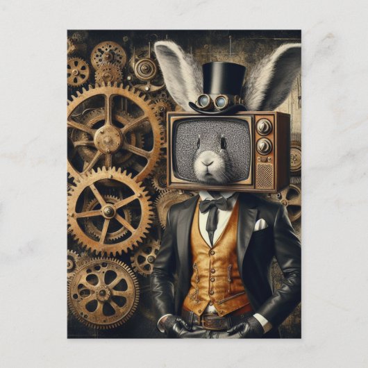Grappig Steampunk Konijn met TV Head Briefkaart (Voorkant)