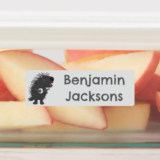 Grappig stekelvarken spelen banjo cartoon geperson labels (Aangebracht)