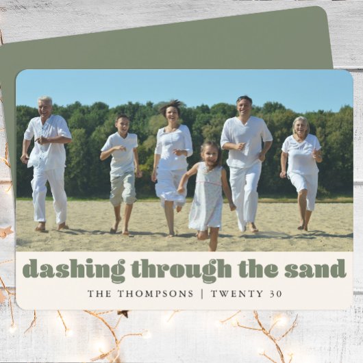 Grappig Strand Kerst Custom Familie Foto Groen Feestdagenkaart