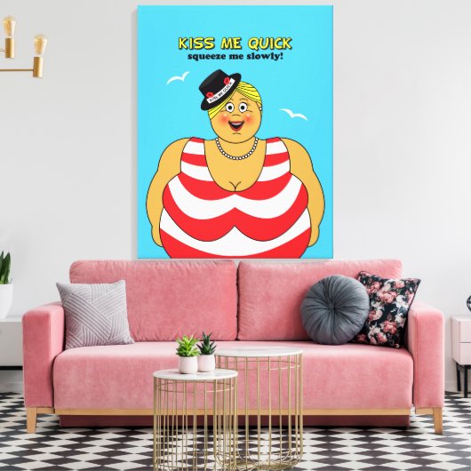 Grappig strand thema zee kus me snel vrouw canvas afdruk (Insitu (Woonkamer))