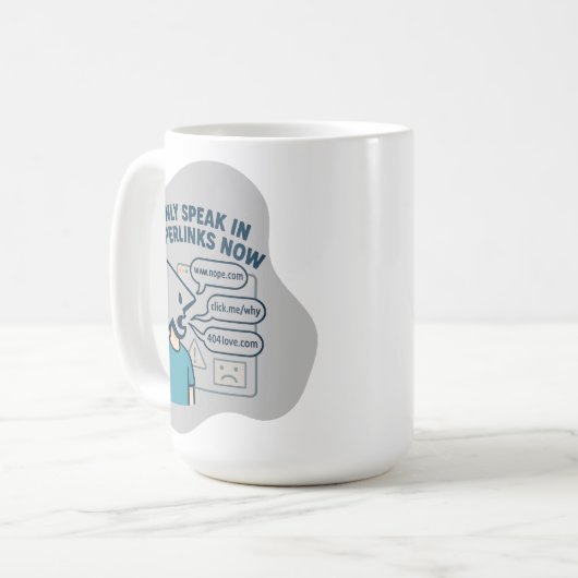 Grappig stripfiguur met muiscursor hoofd koffiemok (Voorkant links)