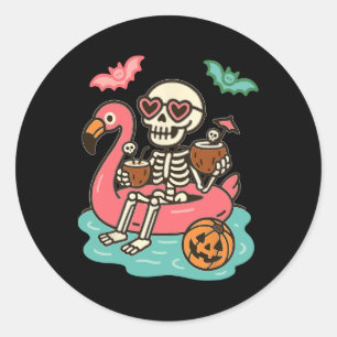Grappig Summerween Skelet Drijvend In Flamingo Cut Ronde Sticker