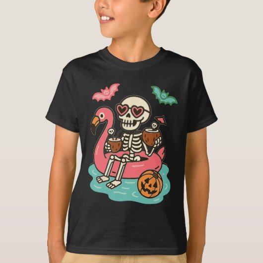 Grappig Summerween Skelet Drijvend In Flamingo Cut T-shirt (Voorkant)