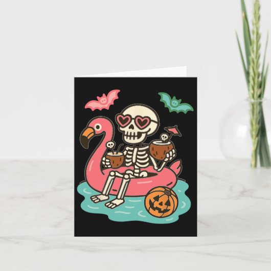 Grappig Summerween-skelet zwevend in flamingo-uitd Kaart (Voorkant)