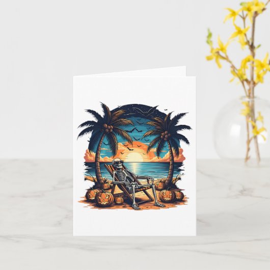 Grappig Summerween Skeleton Beach Party Halloween Kaart (Gele Bloem)