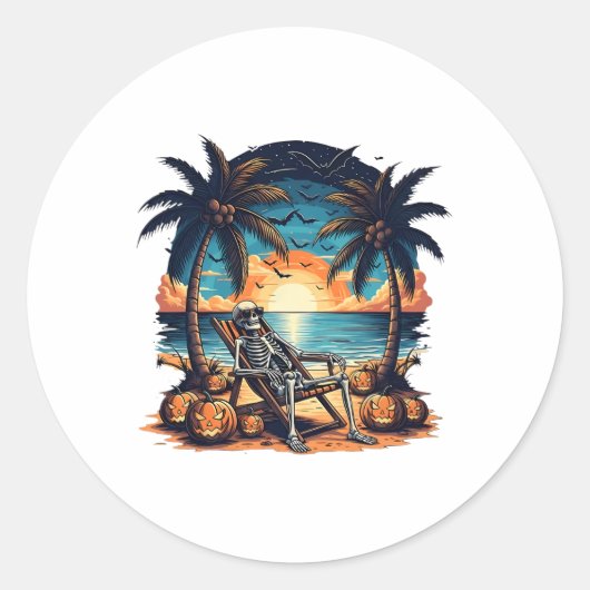 Grappig Summerween Skeleton Beach Party Halloween  Ronde Sticker (Voorkant)
