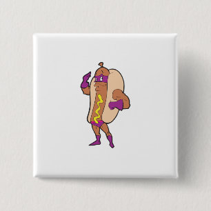 grappig superheld hotdog karakter vierkante button 5,1 cm
