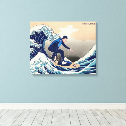 Grappig surfen op de Grote Golf van Hokusai Canvas Afdruk (Insitu (Houten vloer))