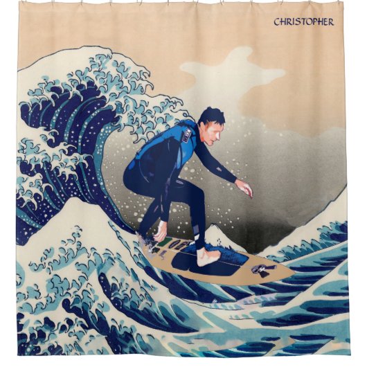 Grappig surfen op de Grote Golf van Hokusai Douchegordijn (Voorkant)