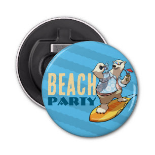 Grappig Surfen Polar Beer Beach Party Cartoon Button Flesopener