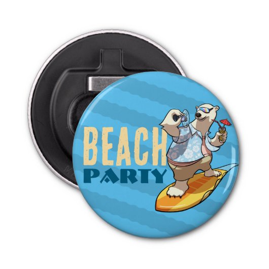 Grappig Surfen Polar Beer Beach Party Cartoon Button Flesopener (Voorkant)
