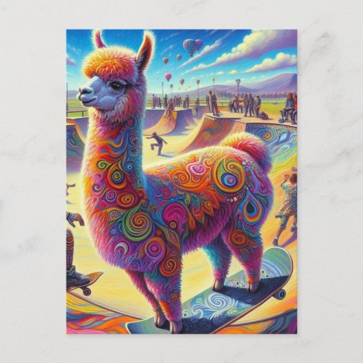 Grappig Surreal Llama Skateboarden Briefkaart (Voorkant)