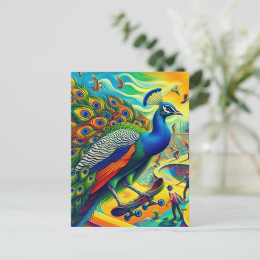 Grappig Surreal Peacock Skateboarden Briefkaart (Staand voorkant)