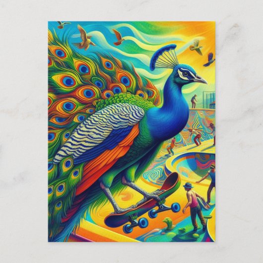 Grappig Surreal Peacock Skateboarden Briefkaart (Voorkant)