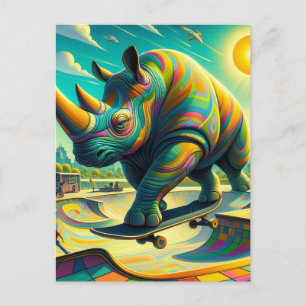 Grappig Surreal Rhino Skateboarden Briefkaart