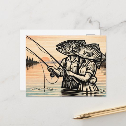 Grappig Surrealistisch Vissend Koppel Briefkaart (Voorkant / Achterkant in situ)