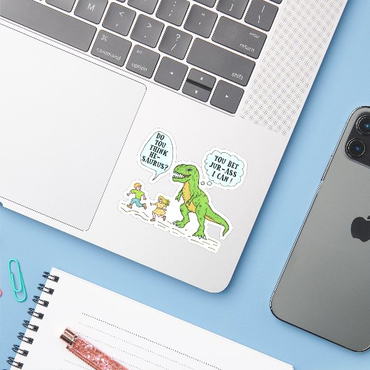 Grappig T Rex Dinosaurus Jurassic Pun Humoristisch Sticker (Laptop met iPhone)