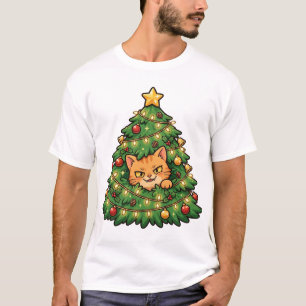 Grappig T-shirt met kat in kerstboom
