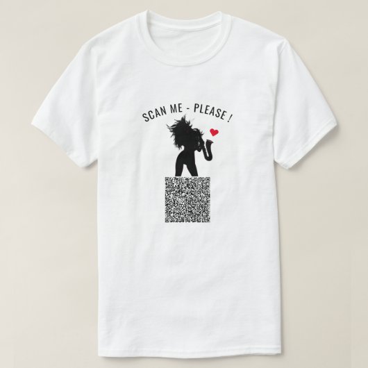Grappig T-shirt met QR Code Scan Info en Saxo Girl (Design voorkant)
