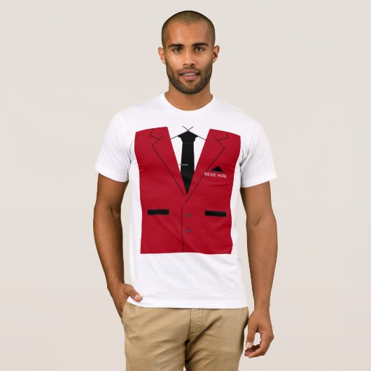 Grappig T-shirt met rode pak en aangepaste tekstna (Voorkant volledig)
