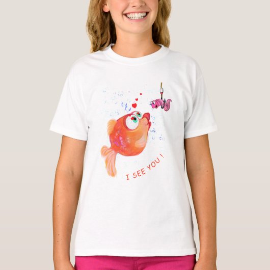 Grappig T-shirt met vis en worm tekst - Jouw tekst (Voorkant)