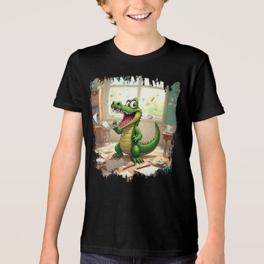 Grappig Terug naar School Dinosaurus Eten Huiswerk Tri-Blend Shirt (Voorkant)