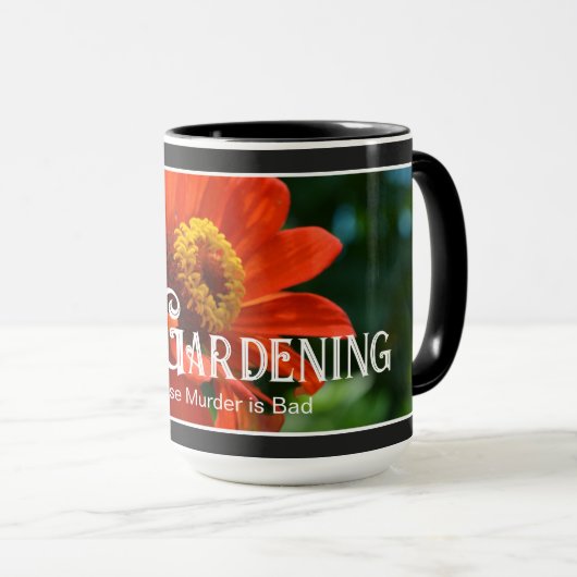 Grappig tuinieren gezegde sinaasappel bloemenzinni mok (Voorkant rechts)