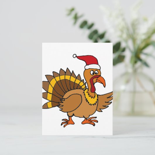 Grappig Turkije dat met een rode kersthat-kerstkun Feestdagenkaart (Staand voorkant)