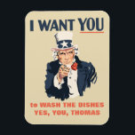 Grappig Uncle Sam Custom Bericht Magneet<br><div class="desc">Schaam je kamergenoot om zijn afwas te doen,  herinner je kinderen eraan om de koelkastdeur te sluiten,  deze leuke magneet is klaar om te worden aangepast met je eigen boodschap en is voorzien van een afbeelding van Uncle Same in de stijl van het klassieke recruitment poster.</div>